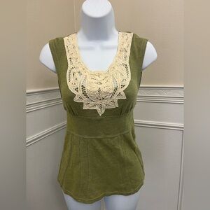 Free People Olive Green Knit Tank with Lace Neckline – Size Small